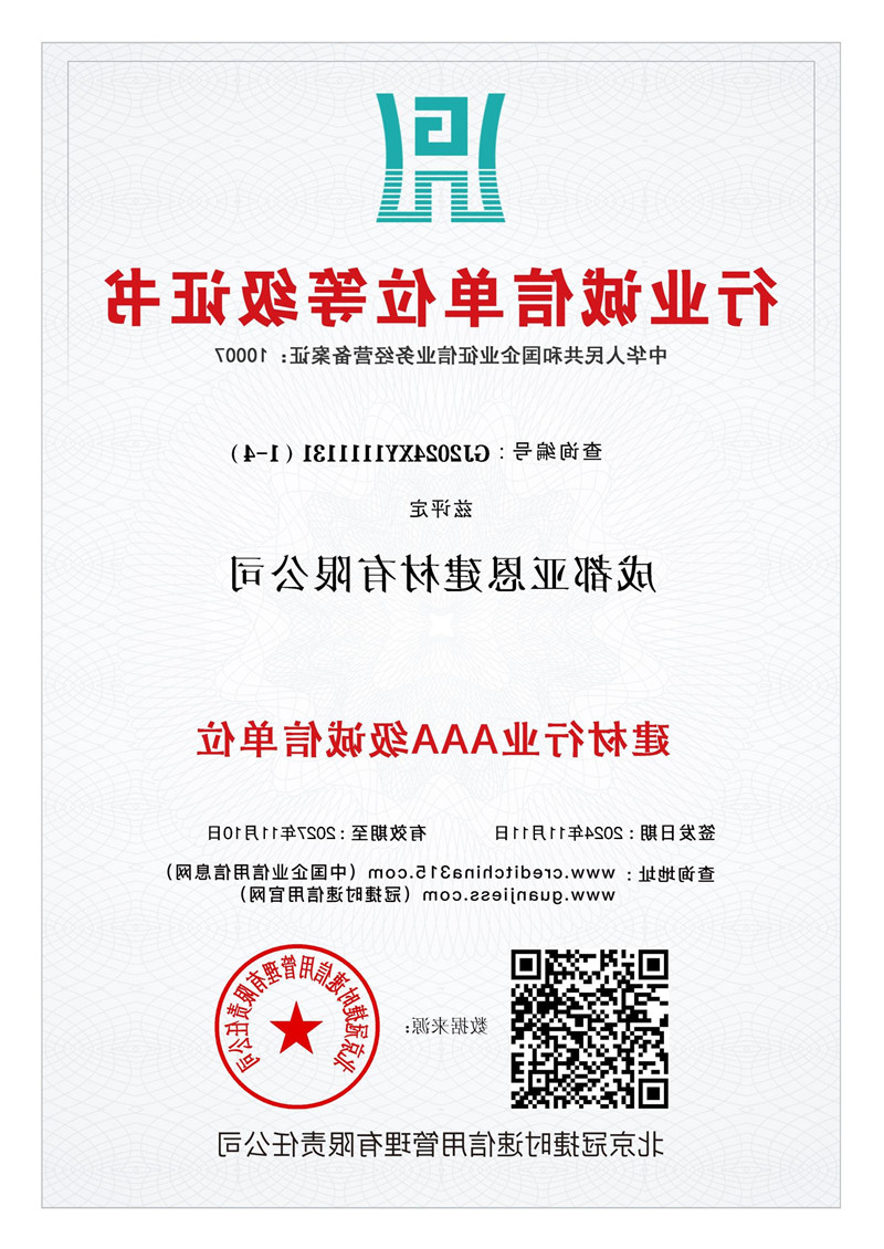 行业诚信单位等级证书